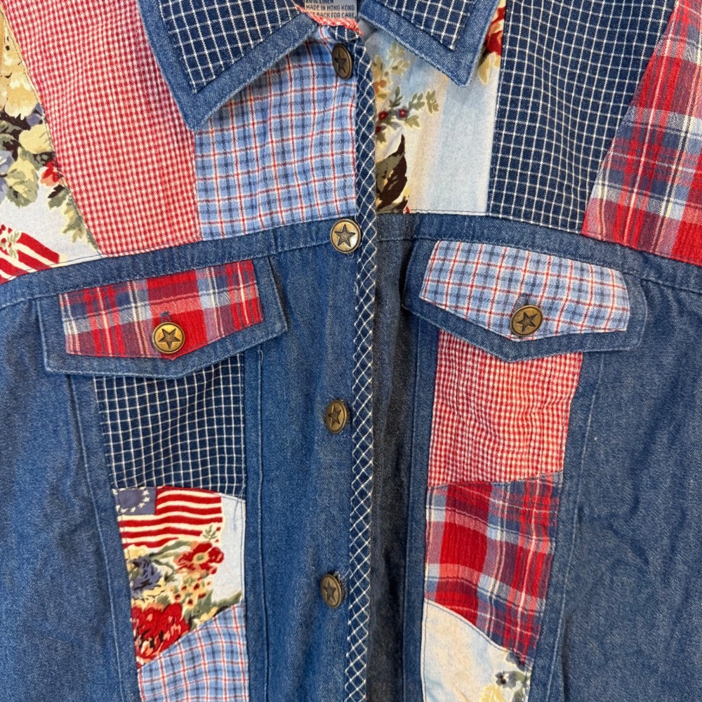 Vintage Patchwork Denim Vest Koret City Blues Womens 22W Plaid Floral Blue - Picture 3 of 8